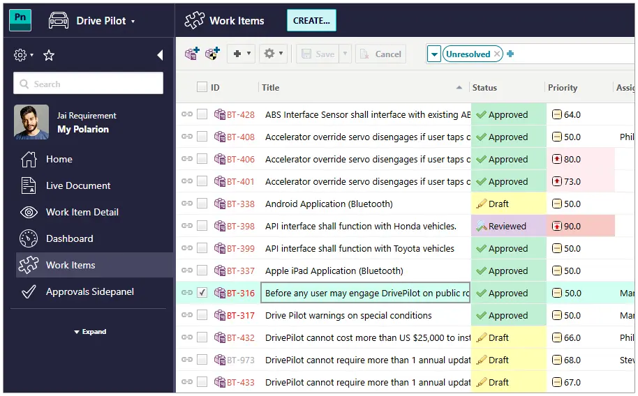 Nouvelle interface de la table des Work Items dans Polarion 2606