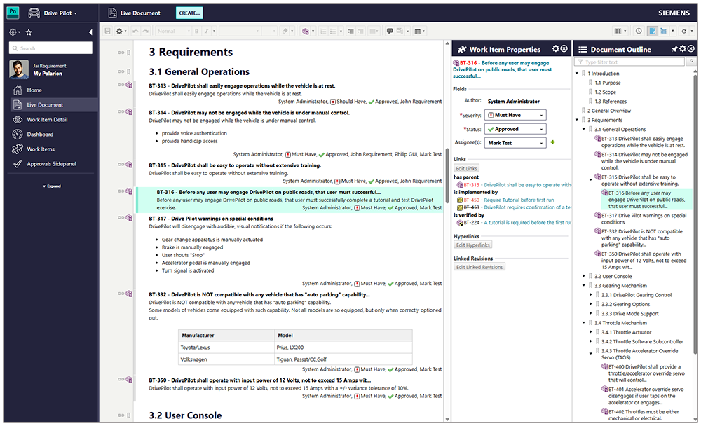 Nouvelle identité visuelle appliquée aux Live Documents dans Polarion 2606